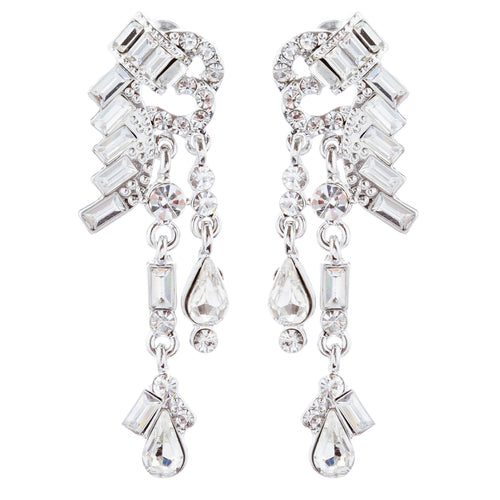 Bridal Wedding Jewelry Unique Crystal Rhinestone Linear Fashion Earrings Silver - Accessoriesforever