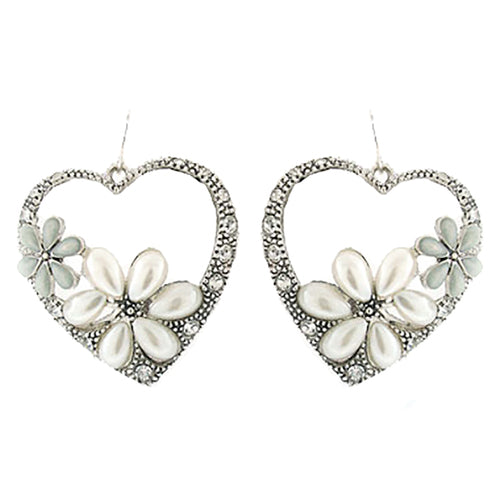 Gorgeous Flower Crystal Rhinestone Fashion Heart Dangle Earrings Silver