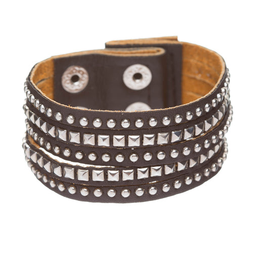 Chic Trendy Multi Metal Studs Style Genuine Leather Wrap Fashion Bracelet Brown