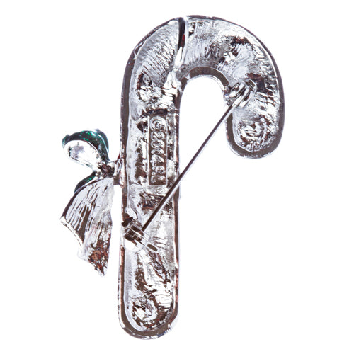 Christmas Jewelry Crystal Rhinestone Holiday Candy Cane Brooch Pin BH126 Silver - Accessoriesforever