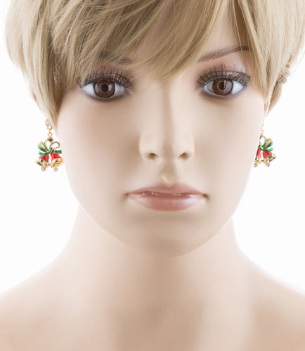 Christmas Jewelry Crystal Rhinestone Twin Bell Holiday Dangle Earrings Red - Accessoriesforever