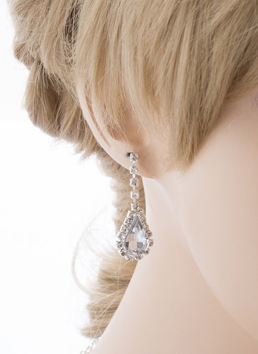 Bridal Wedding Jewelry Set Crystal Rhinestone Dangling Teardrops Silver - Accessoriesforever