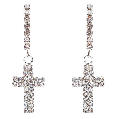 Simple Sparkle Crystal Rhinestone Cross Charm Dangle Fashion Earring E769 Silver