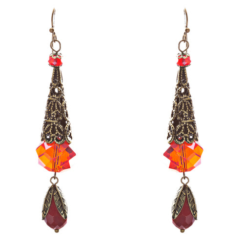Bold Fashion Crystal Rhinestone Brassy Tear Drop Cone Design Earrings E841 Red