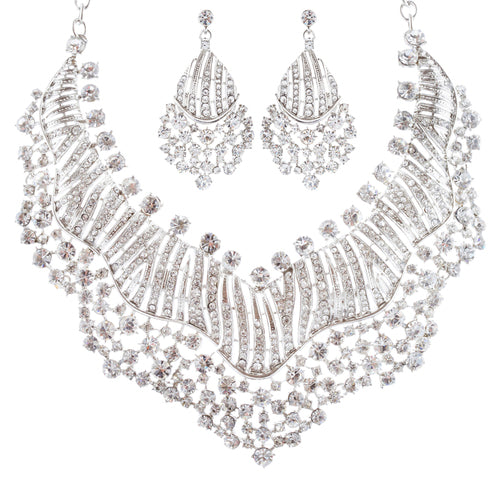 Bridal Wedding Jewelry Set Crystal Rhinestones Sparkle Wavy Bib Necklace Silver