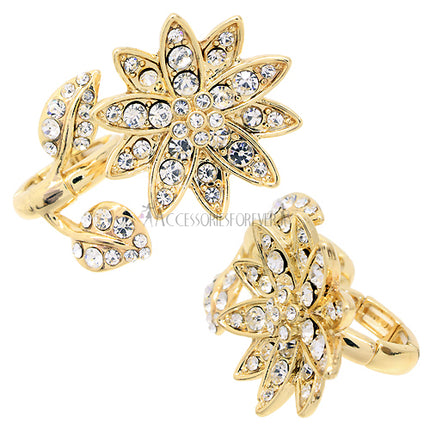 Flower Design Two Finger Stretch Ring Clear Gold