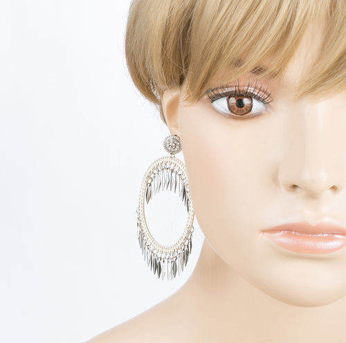 Draped Tassel Dangle Hoop Crystal Earrings Silver