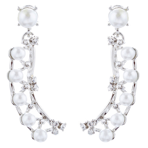 Bridal Wedding Jewelry Set Crystal Pearl Chunky V Drop Swirl Necklace Silver