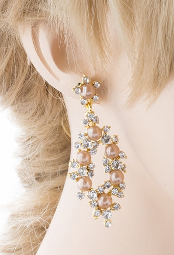 Bridal Wedding Jewelry Crystal Rhinestone Pearl Elegant Dangle Earrings Gold