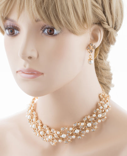 Bridal Wedding Jewelry Set Necklace Rhinestone Pearl Leaf Gold Ivory Cream