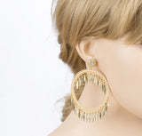 Draped Tassel Dangle Hoop Crystal Earrings Gold