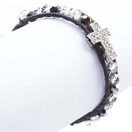 Cross Jewelry Sparkle Crystal Rhinestone Cord Wrap Fashion Bracelet Silver Black - Accessoriesforever
