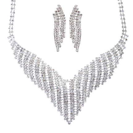 Bridal Wedding Jewelry Crystal Rhinestone Grand Bib Design Necklace J576 Silver - Accessoriesforever