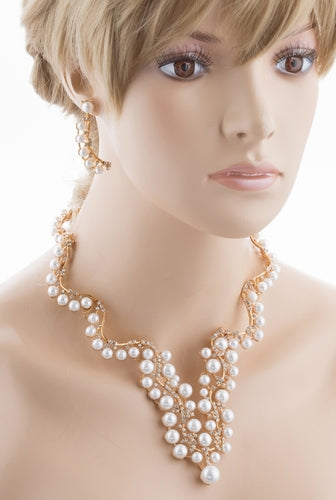Bridal Wedding Jewelry Set Crystal Pearl Chunky V Drop Swirl Necklace Gold