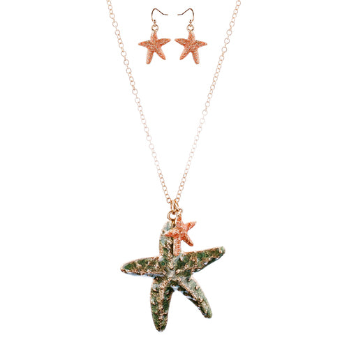 Fun Ocean Inspired Sea Star Pendant Necklace Earrings Set JN282 Gold Green