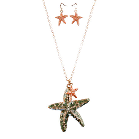 Fun Ocean Inspired Sea Star Pendant Necklace Earrings Set JN282 Gold Green