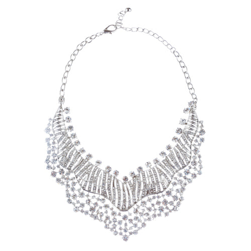 Bridal Wedding Jewelry Set Crystal Rhinestones Sparkle Wavy Bib Necklace Silver