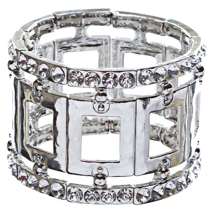 Fashion Square Linked Crystal Stretch Bracelet Silver