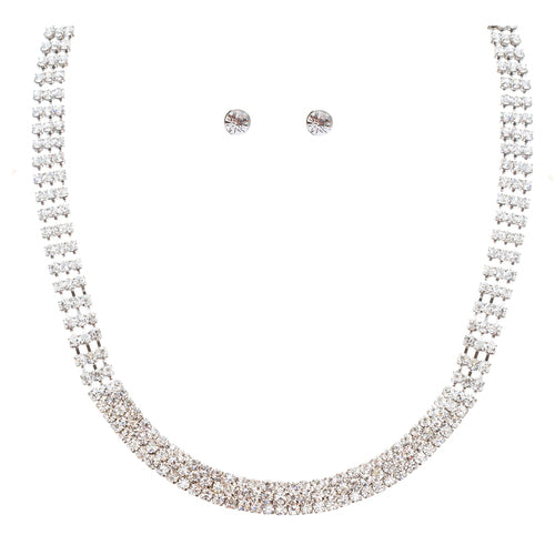Bridal Wedding Jewelry Crystal Rhinestone Simple Linear Rows Necklace Silver - Accessoriesforever