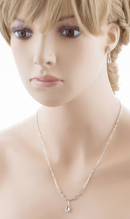 Bridal Wedding Jewelry Set Crystal Rhinestone Simple Teardrop Necklace Silver - Accessoriesforever