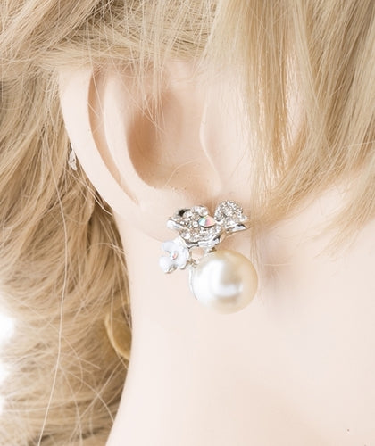 Bridal Wedding Jewelry Crystal Rhinestone Pearl Floral Stud Earring Silver Ivory