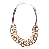 Modern Fashion Dainty Gold Plate Chain And Faux Leather Necklace Set JN226 Brown