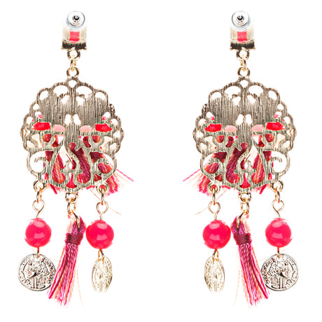 Unconventional Design Faux Pearl Dream Catcher Beaded Dangle Earrings E810 Red
