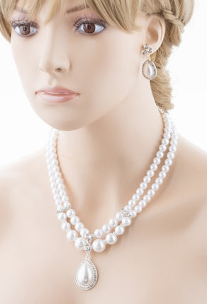 Bridal Wedding Jewelry Crystal Rhinestone Pearl Teardrop Necklace Set J704 SV - Accessoriesforever