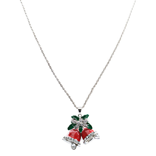 Christmas Jewelry Happy Holiday Spirit Crystal Red Bells Ribbon Charm Necklace