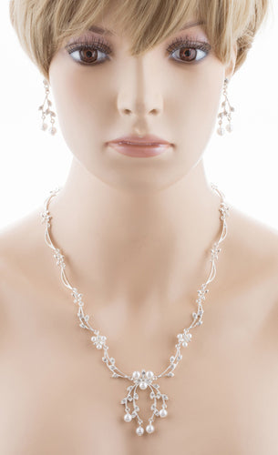 Bridal Wedding Jewelry Set Crystal Rhinestone Floral Pearl Necklace Silver