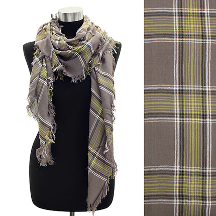 Plaid Design Fringed Rectangular Scarf Beige