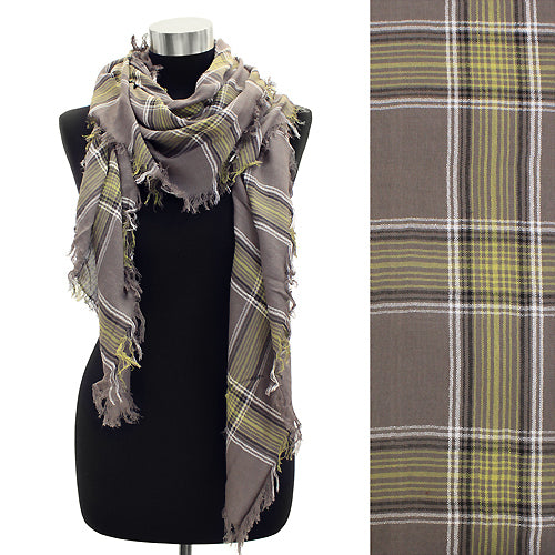 Plaid Design Fringed Rectangular Scarf Beige