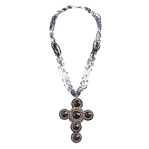 Cross Jewelry Traditional Design Beaded Necklace & Earrings Set JN245 Black - Accessoriesforever