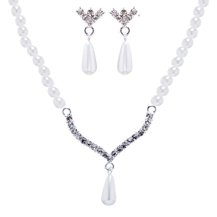 Bridal Wedding Jewelry Set Crystal Rhinestone Teardrop Pearl Soft V Necklace - Accessoriesforever