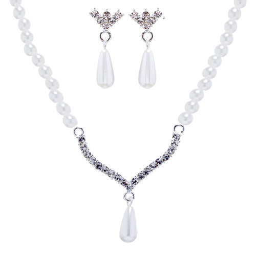 Bridal Wedding Jewelry Set Crystal Rhinestone Teardrop Pearl Soft V Necklace - Accessoriesforever