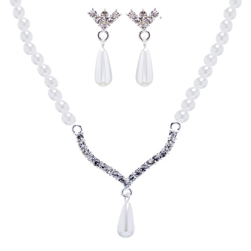 Bridal Wedding Jewelry Set Crystal Rhinestone Teardrop Pearl Soft V Necklace