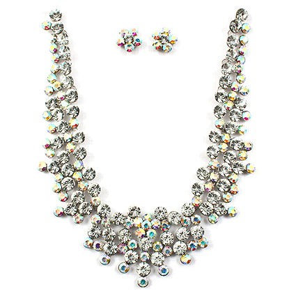Bridal Wedding Jewelry Set Crystal Rhinestone Stunning Cluster Necklace Silver