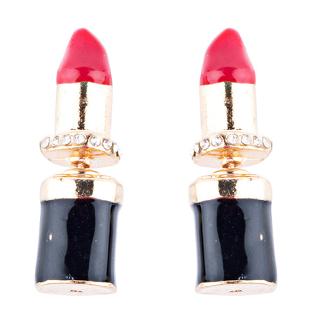 Fun Fashion Stylish Lipstick Back Closure Design Crystal Stud Earrings Red Gold