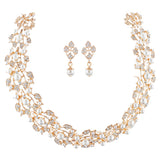 Bridal Wedding Jewelry Set Necklace Rhinestone Pearl Leaf Gold Ivory Cream