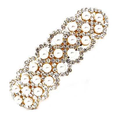 Bridal Wedding Jewelry Crystal Rhinestone Pearl 3-Row Hair Barrette Clip Gold