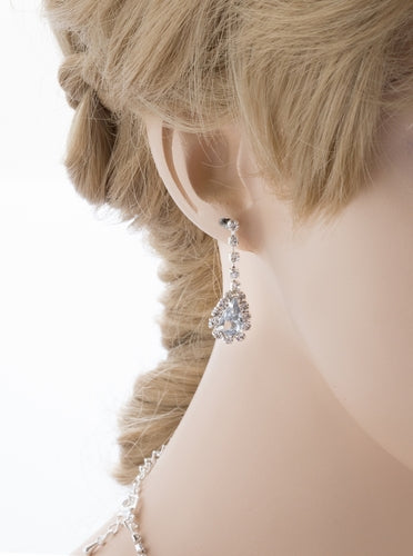 Bridal Wedding Jewelry Set Necklace Earring Crystal Rhinestone LG V Drop Silver
