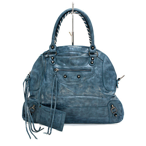 Faux Leather Leatherette Tassels Washing Design Flat Satchel Handbag Bag Blue
