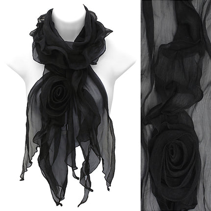 Beautiful Rose Floral Corsage Chiffon Lightweight Fashion Scarf Black - Accessoriesforever
