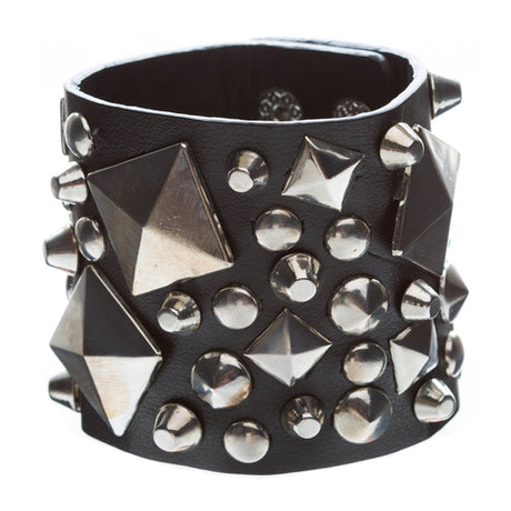 Unique Multi Shapes Metal Studs Design Wide Fashion Wrap Bracelet Black