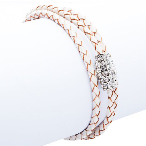 Braided Leather Pave Crystal Magnetic Closure Triple Rows Wrap Bracelet White
