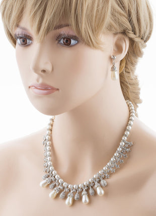 Bridal Wedding Jewelry Set Necklace Crystal TD Pearl Bib Choker Design Silver - Accessoriesforever