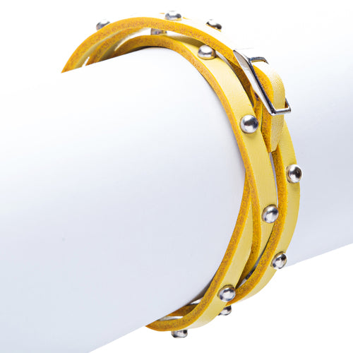 Yellow Silver Stud Italian Calf Leather Wrap Bracelet - Accessoriesforever