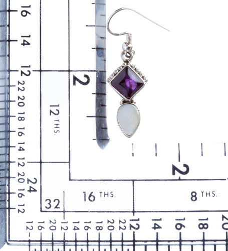 925 Sterling Silver Natural Gemstones Amethyst Abalone Dangle Earrings FJSVE2157