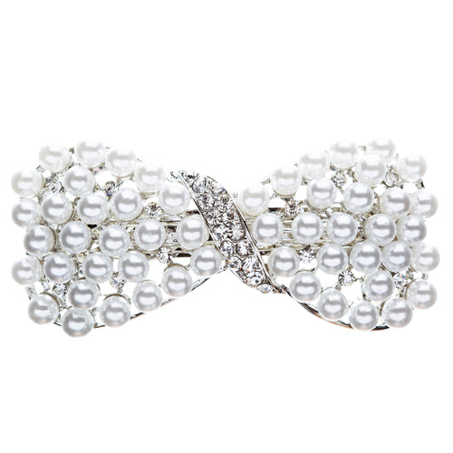 Bridal Wedding Jewelry Crystal Pearl Stunning Ribbon Bow Hair Barrette Silver