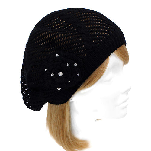 Stylish Knit Crystal Decorated Lightweight Fashion Beret Hat Black